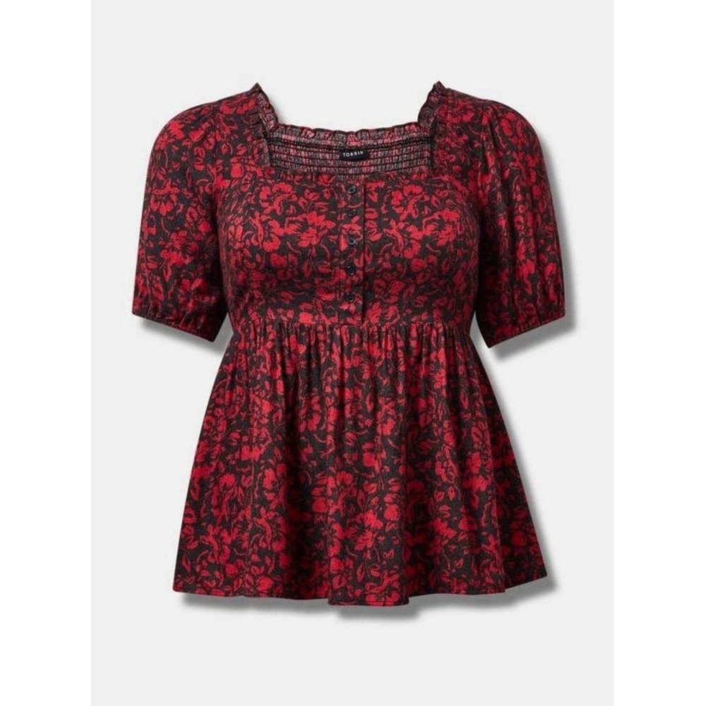 Torrid Top Sz 00 Softest Flannel Puff Short Sleeve Babydoll Smock Red Floral